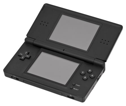 The black Nintendo DS on a blanc background opened towards the viewer
